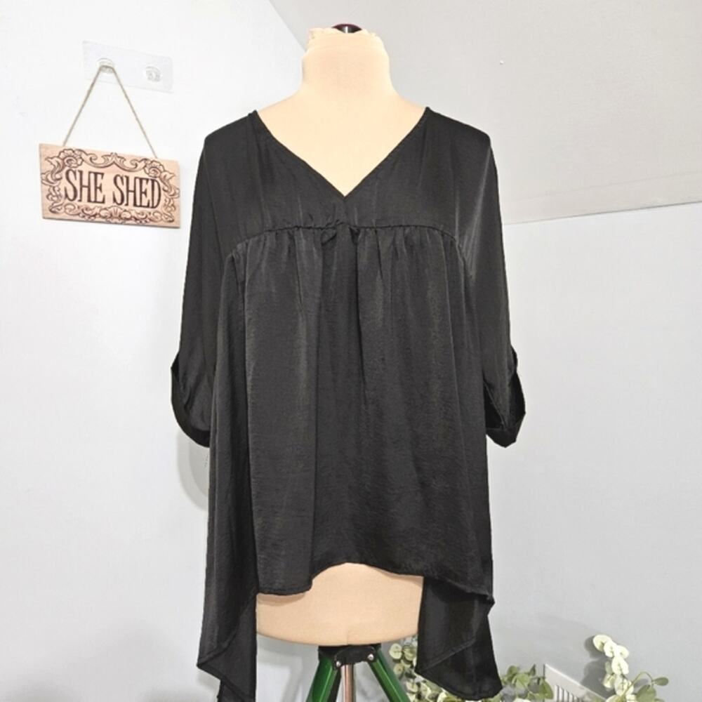 Glam Women Black Satin V-Neck‎ Babydoll Blouse High-Low Cuffed Sleeve Top L